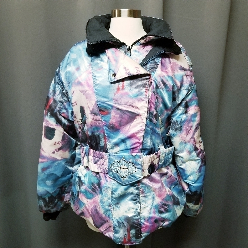 Vintage‎ Polaris Snowmobile Puffer Jacket Thermoloft Abstract Map Print size L